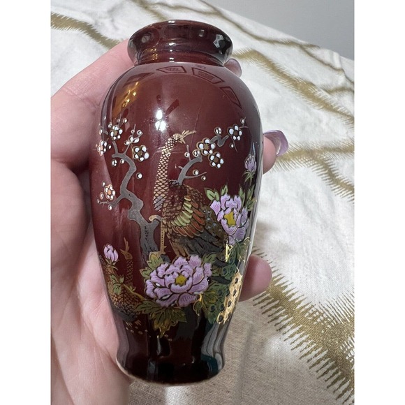 Accents Vintage Kutani Style Glossy Brown Japan Mini Vase Peacock